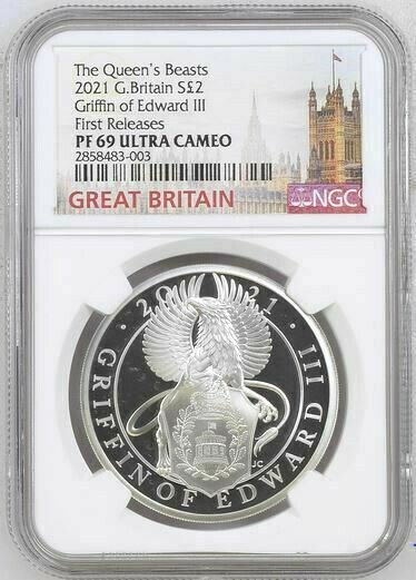 2021 Uk Queen's Beasts: Griffin Of Edward Iii £2 1oz Silver Proof Ngc Pf69 Uc Fr