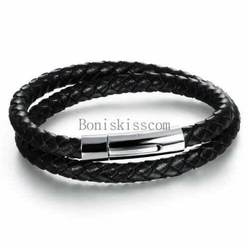 Men's Silver Stainless Steel Clasp Multi-layer Black Braided Leather Bracelet