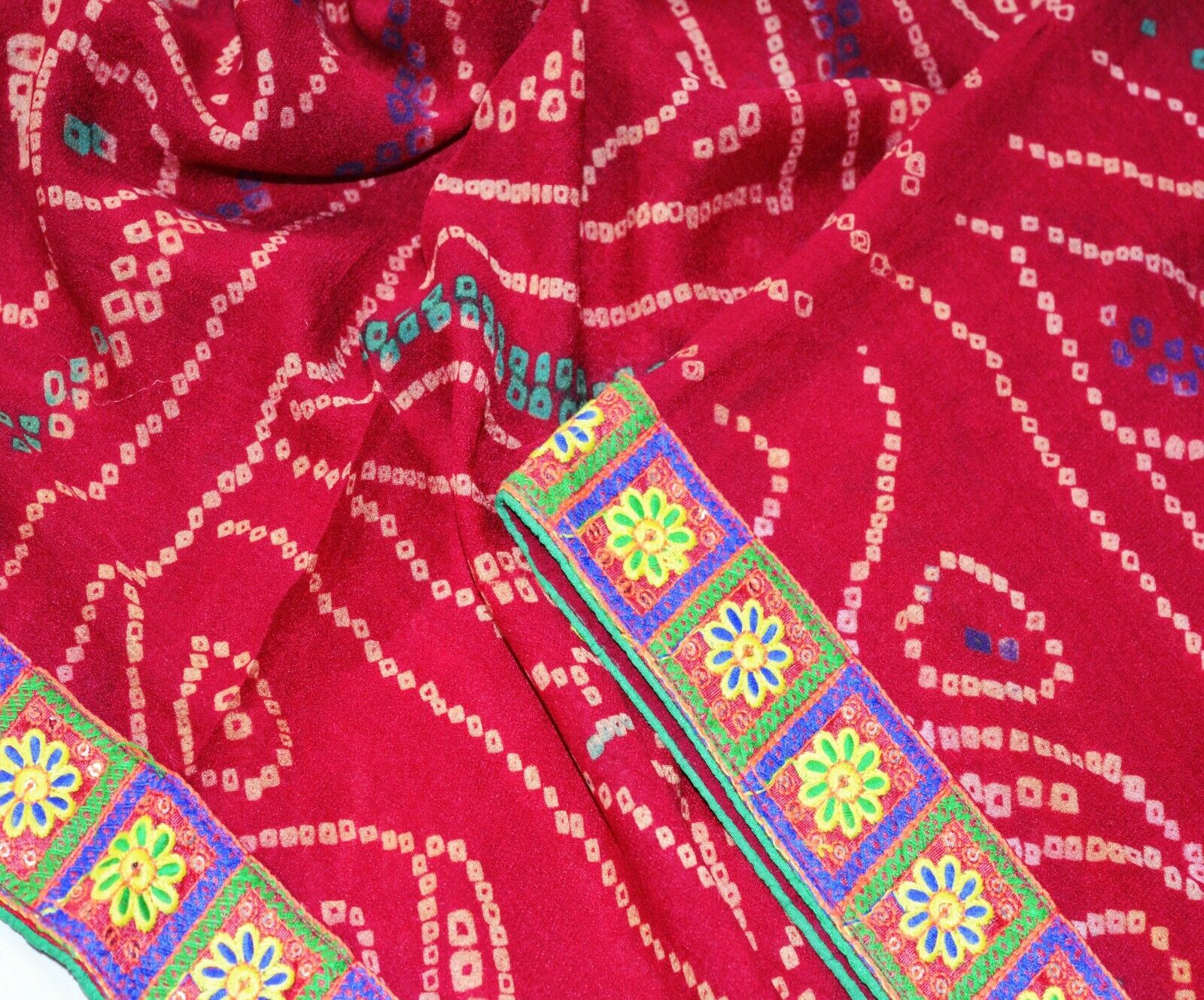 Vintage Red Sarees Pure Silk Bandhani Printed Indian Sari Fabric 5yd Floral Soft