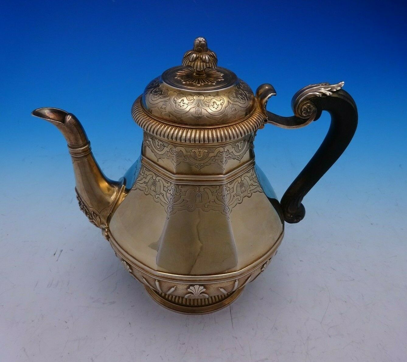 Cardeilhac French .950 Silver Tea Pot Vermeil With Ebony Handle Cattails (#3781)