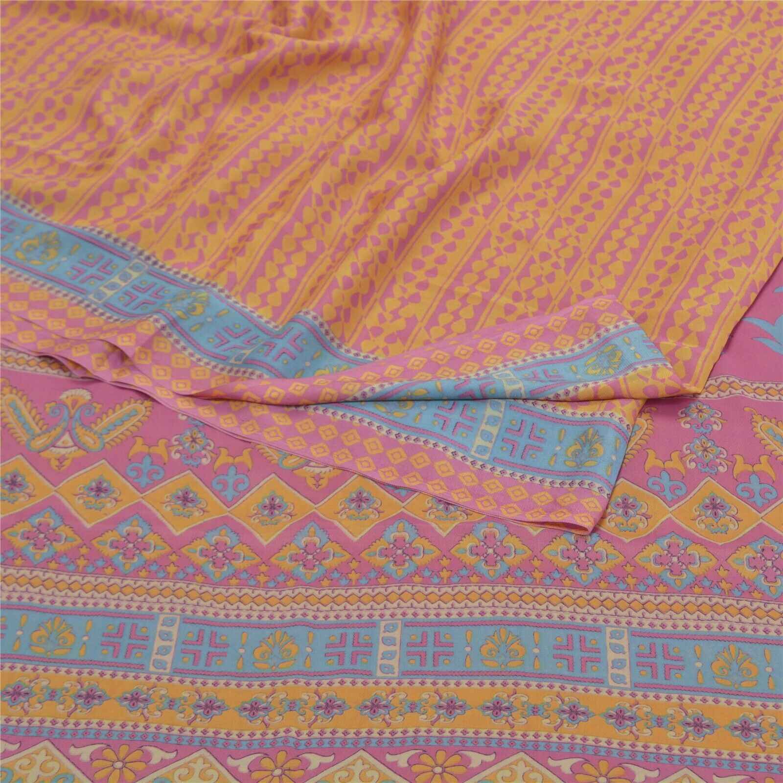 Sanskriti Vintage Pink Sarees Moss Crepe Floral Printed Craft Fabric Sari