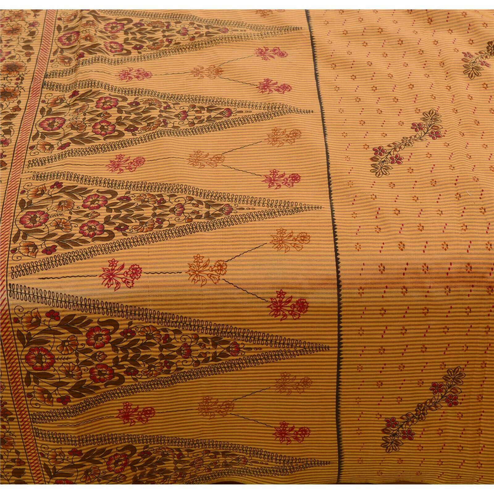 Tcw  Vintage Cream Sarees Art Silk Floral Printed Craft Fabric 5 Yard Sari