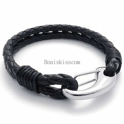 Braided Black Leather Men's Bracelet Wristband W Silver Stainless Steel Clasp