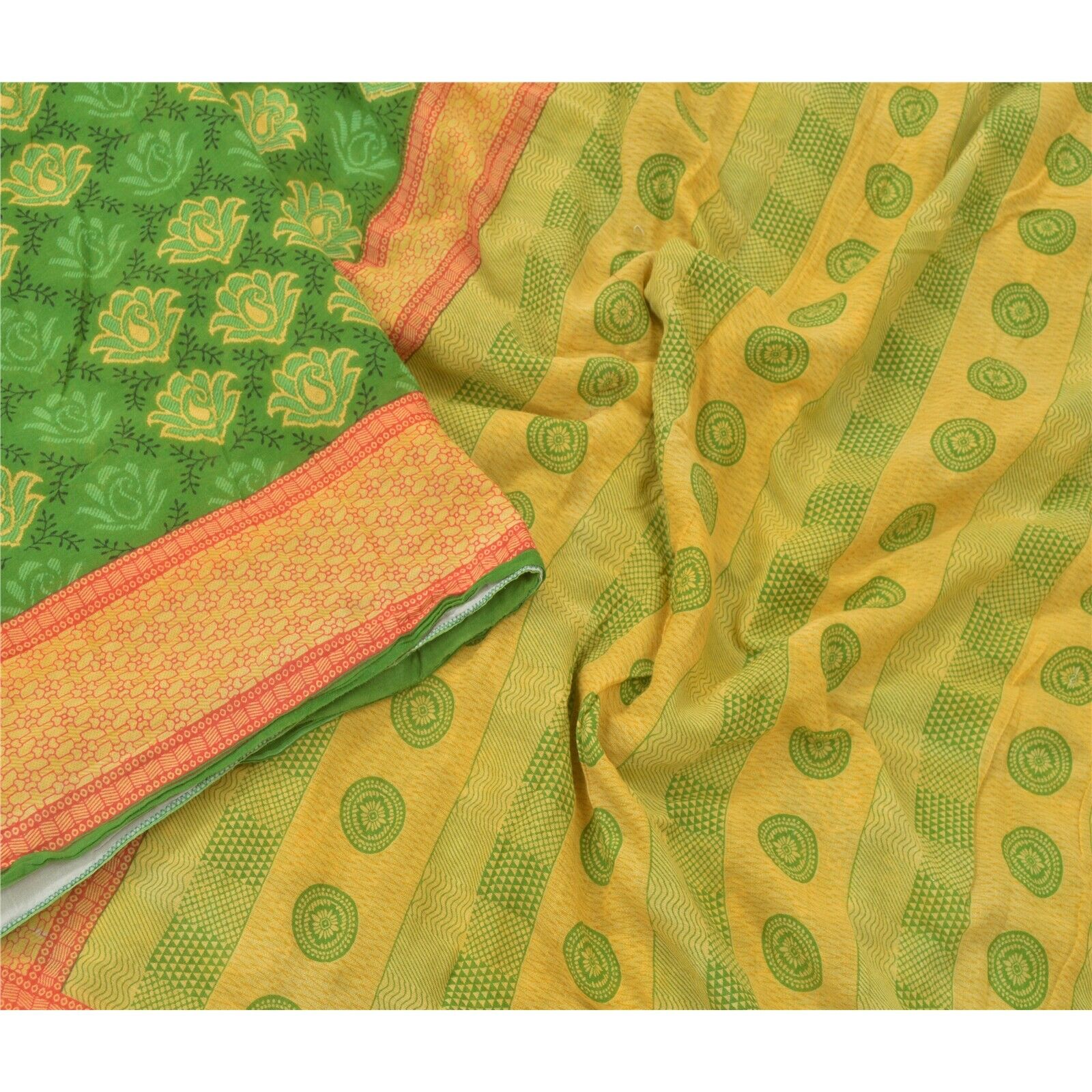 Sanskriti Vintage Indian Green Sarees Pure Cotton Printed Sari 5yd Craft Fabric