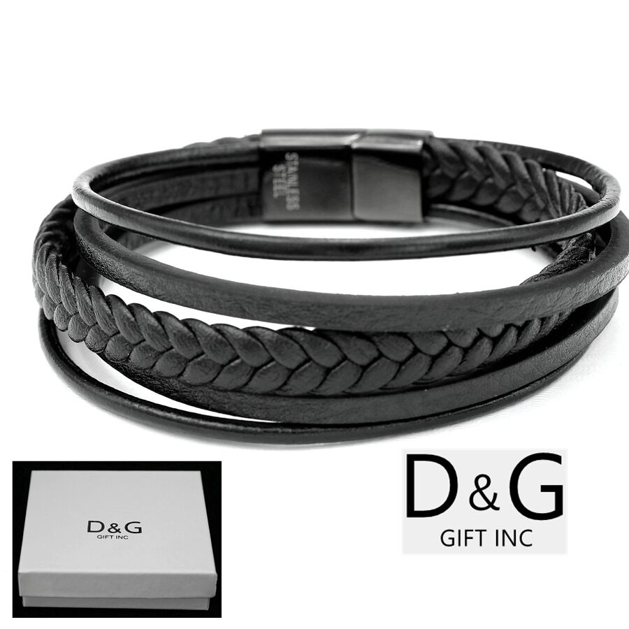 Dg Men's 8"gold Stainless Steel,black Braided Leather Magnetic Bracelet*box