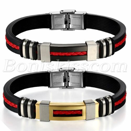 Men's Stainless Steel Black Silicone Inlaid Braided Leather Bracelet Bangle Cuff