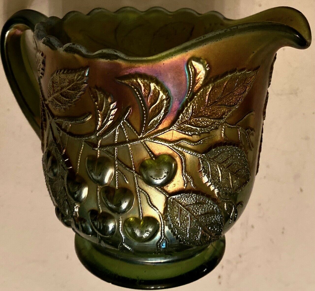 Antique Carnival Green Glass Footed Creamer Hanging Cherries Millersburg
