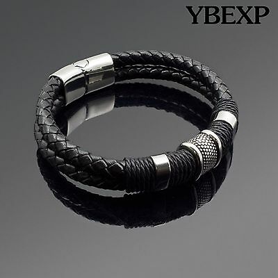 Men's Stainless Steel Leather Bracelet Magnetic Silver Clasp Bangle Black