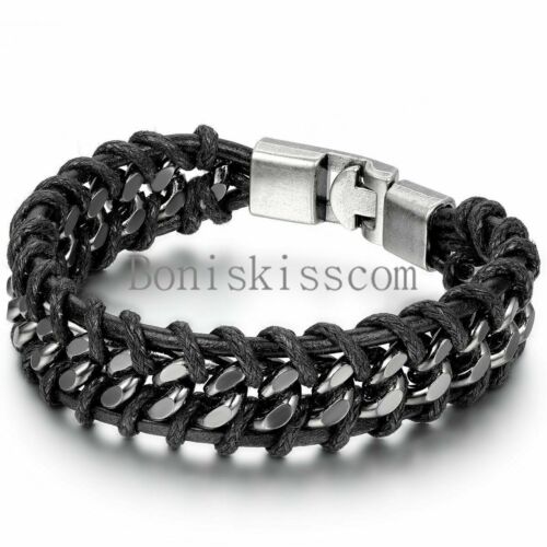Black Braided Leather Silver Stainless Steel Cuban Chain Men's Bracelet Bangle