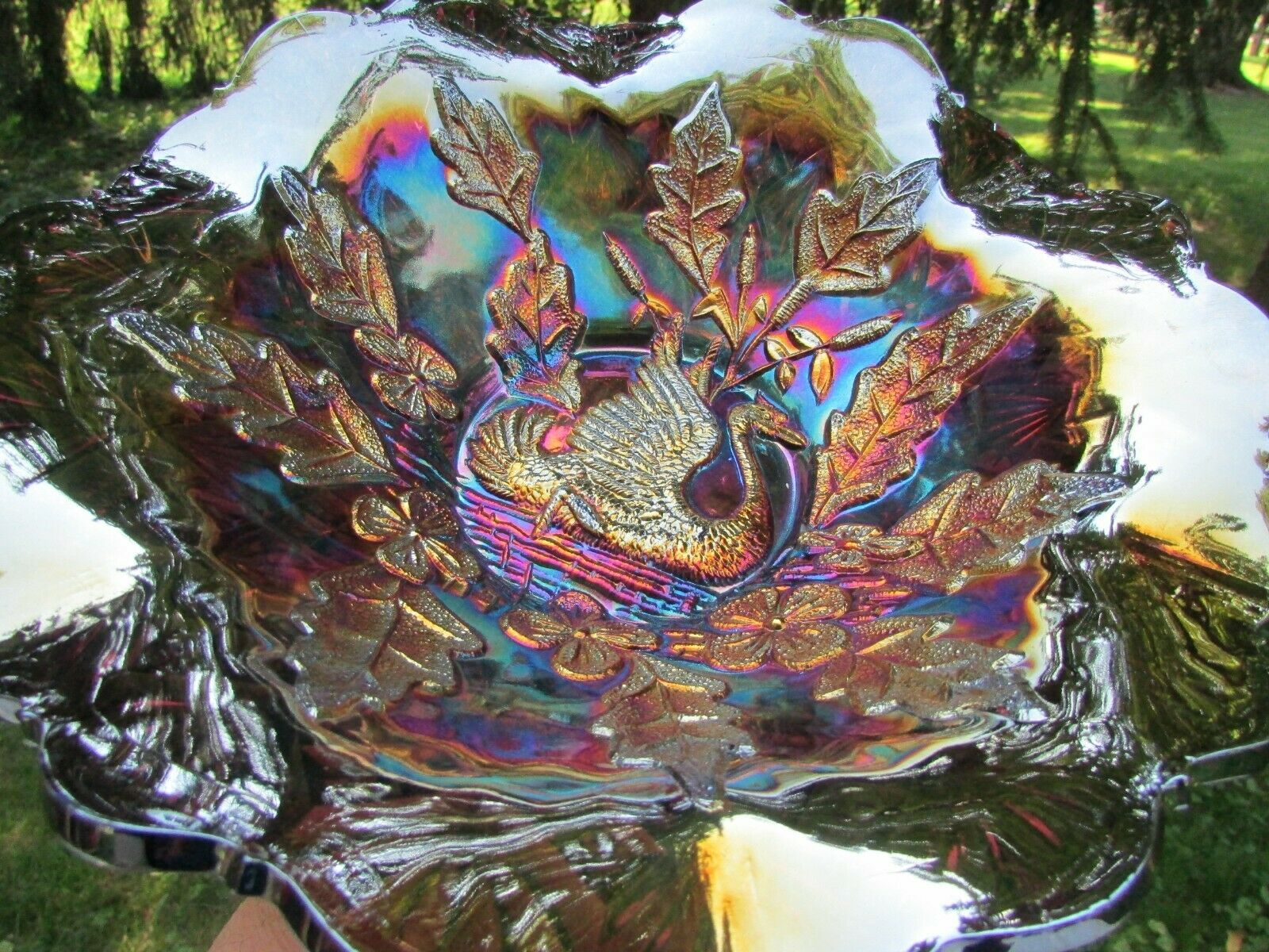 Millersburg Nesting Swan Antique Carnival Glass Ruffled Bowl~radium Purple!!!