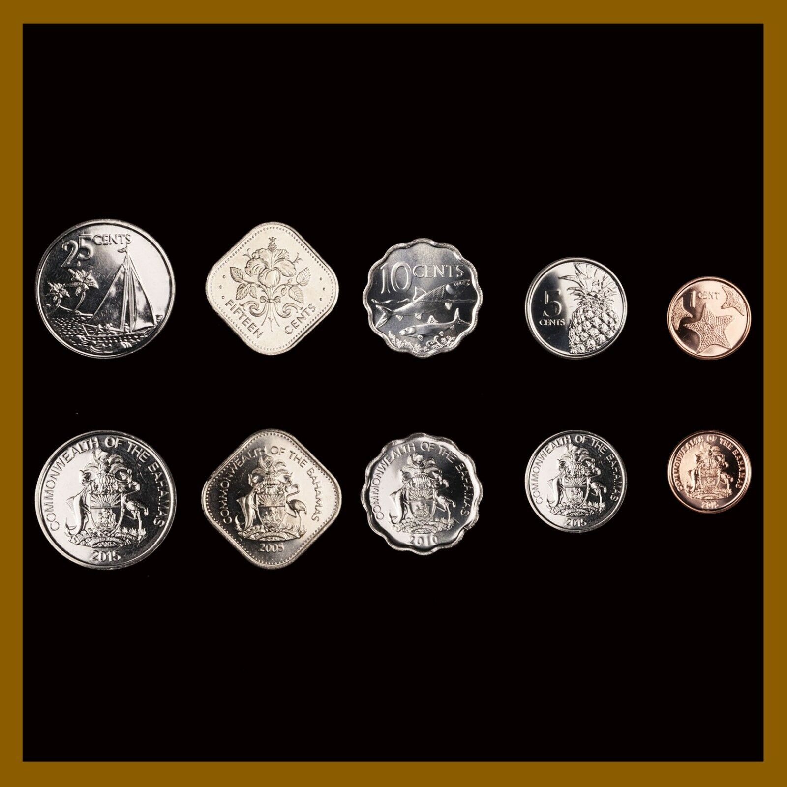 Bahamas 1 5 10 15 25 Cents (5 Pcs Coin Set), 2005/10/15 Sea Star Fish Sailboat